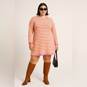 Retro Sweater Dress in Striped Pink and Yellow, Soft Knit Size XL NWT